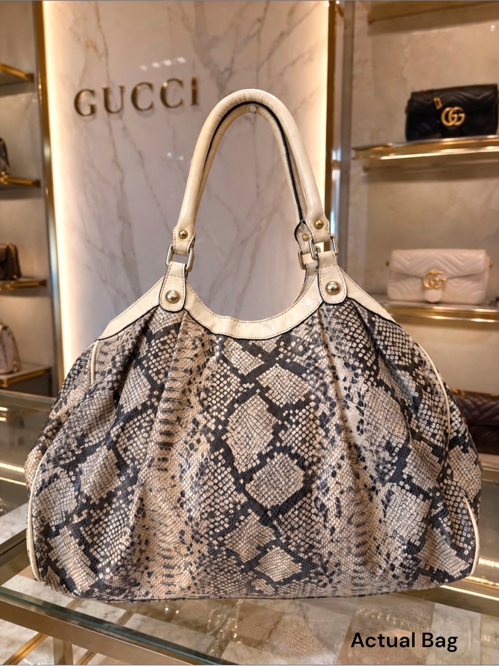 Authentic GUCCI Vintage Sukey Cream and Black Snake Skin Shoulder Bag